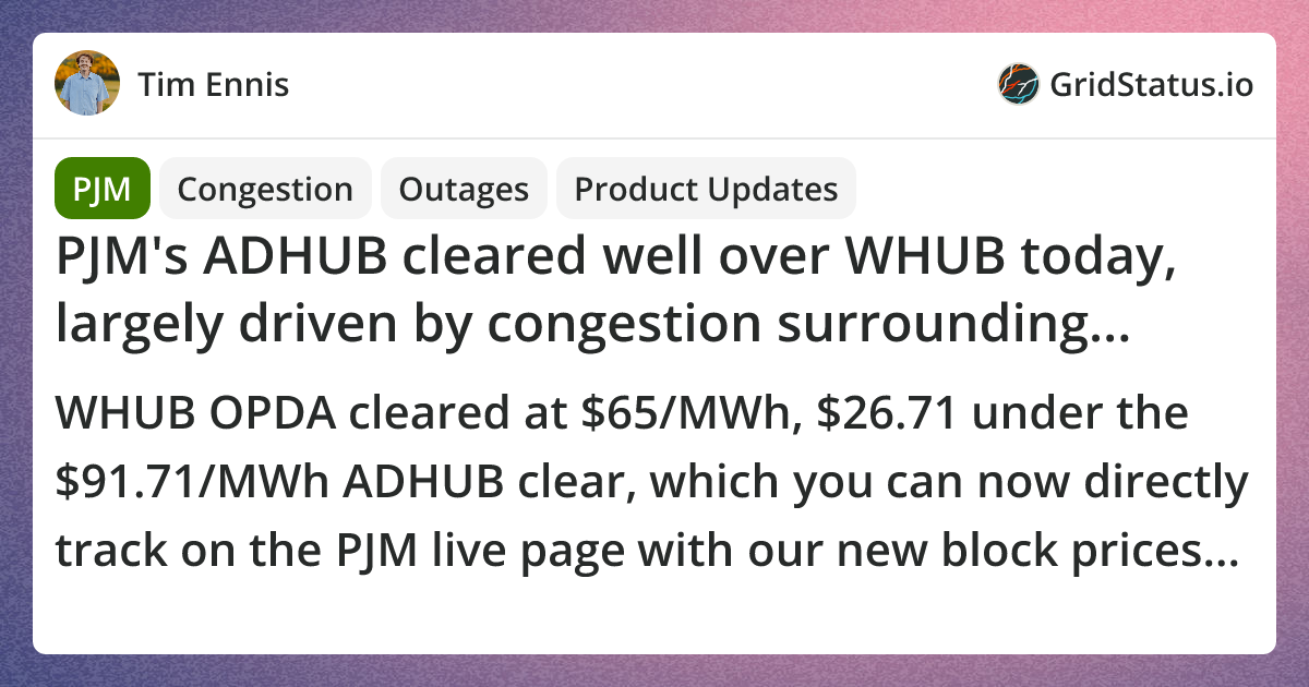 PJM's ADHUB cleared well over WHUB today, largely driven by congestion
