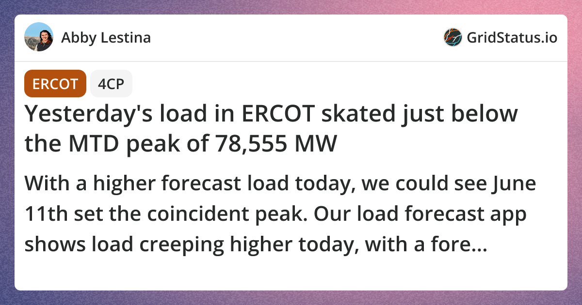 Yesterday's load in ERCOT skated just below the MTD peak of 78,555 MW.